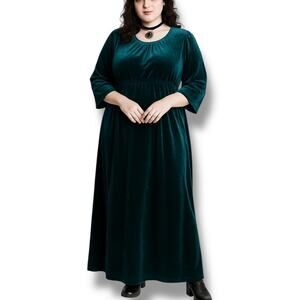 Y2K Emerald Green Velvet Maxi Dress Scoopneck Plus Size 3/4 Sleeve Empire Waist